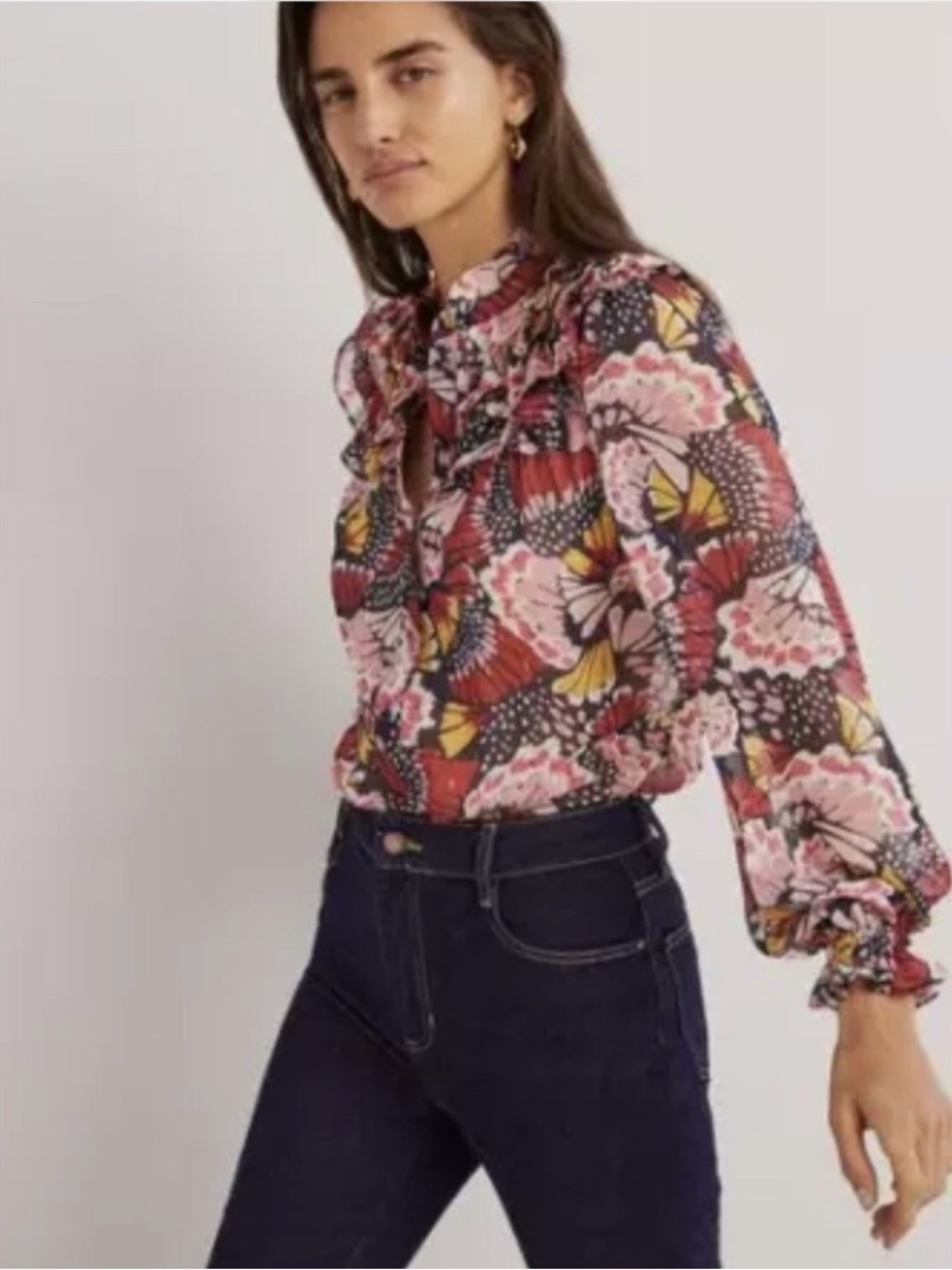 Women’s Biden Chiffon Butterfly Floral Blouse Sz8 With Ruffled Accents